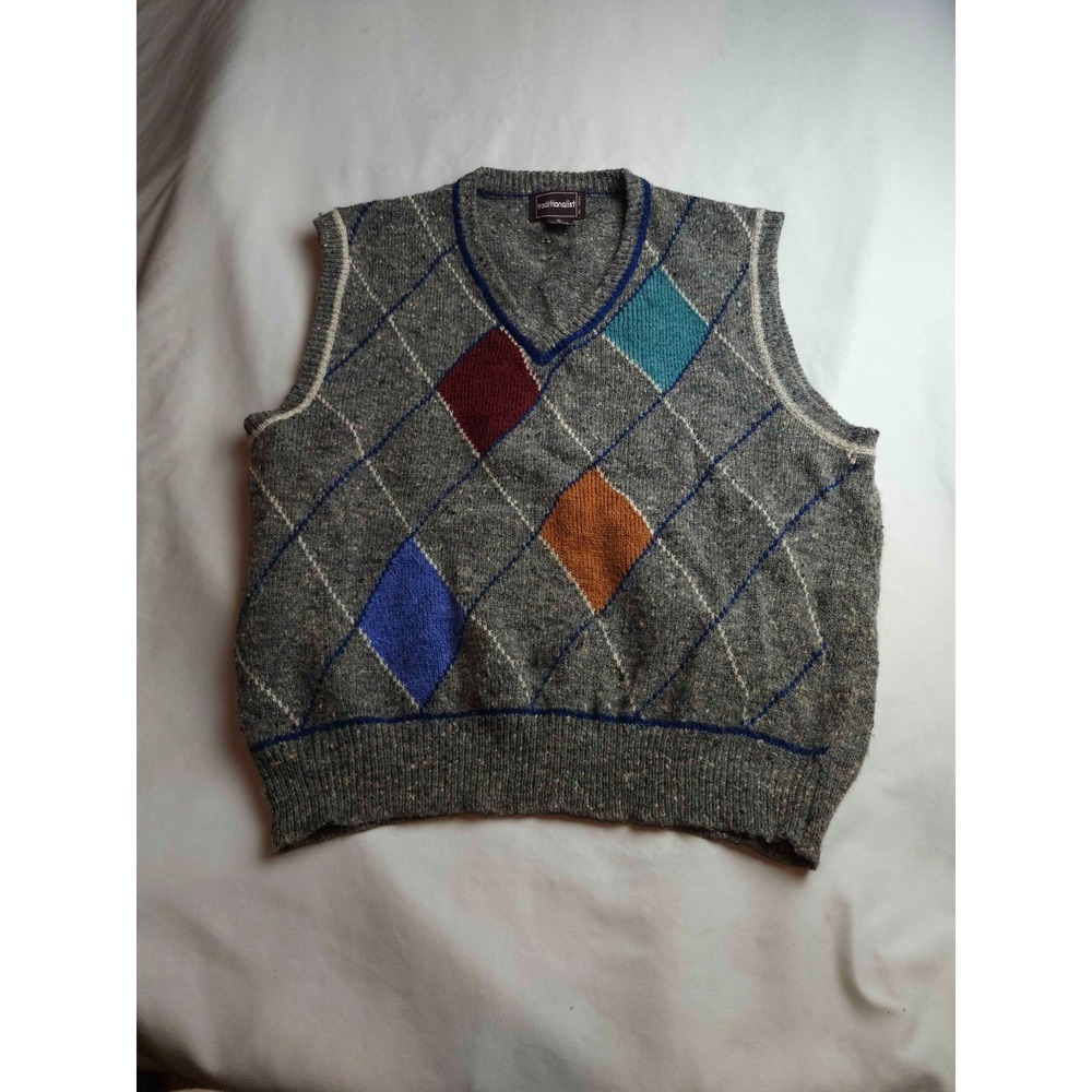 Vintage Traditionalist Sweater Vest Mens XL Gray Knit Argyle Preppy Retro Wool